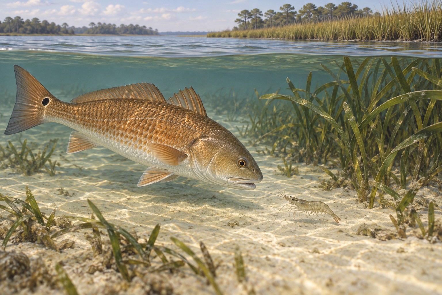 Habitat illustration of a redfish approaching a shrimp beside a sheltered lagoon grass edge