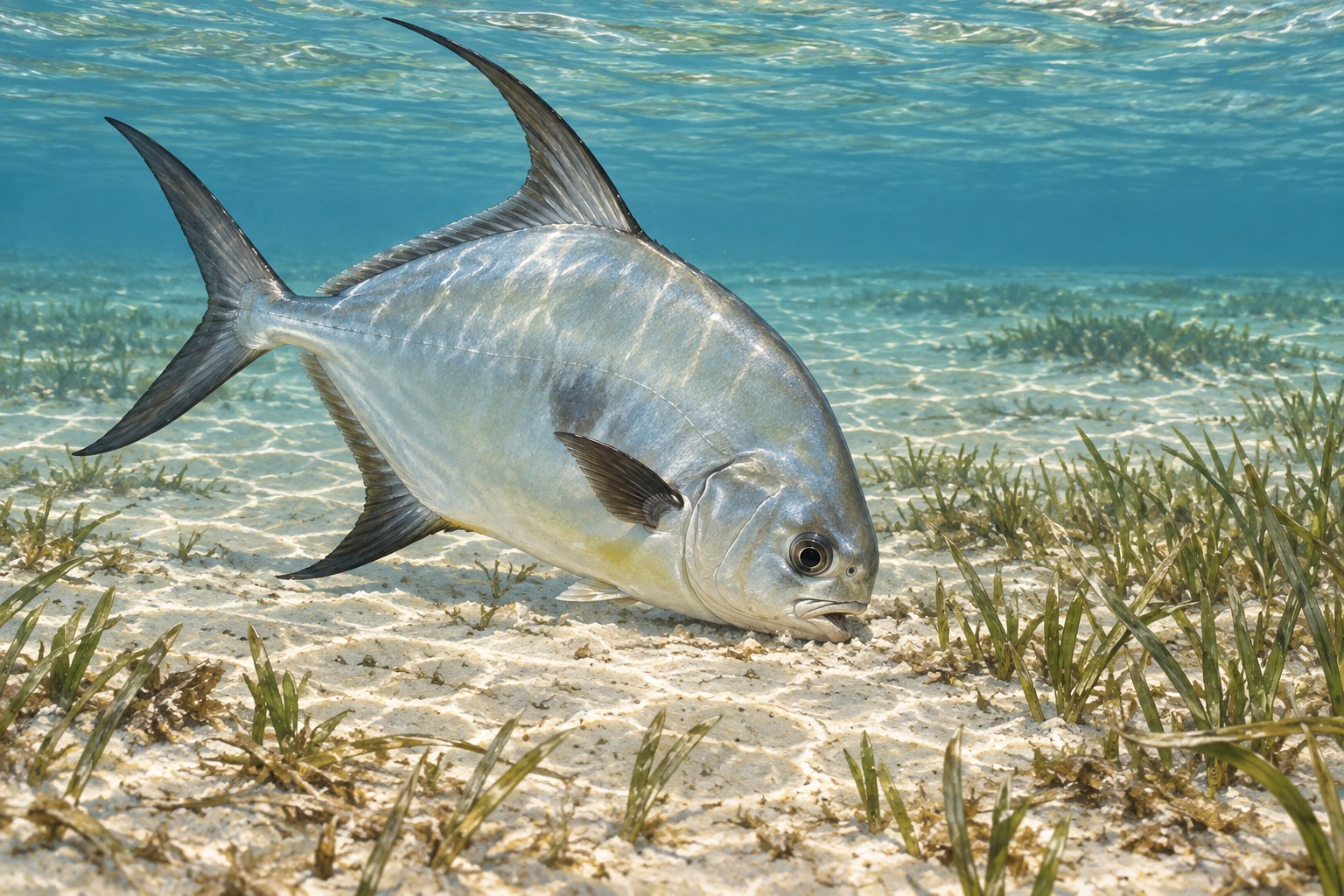 Habitat illustration of a silver permit feeding over pale sand beside sparse seagrass