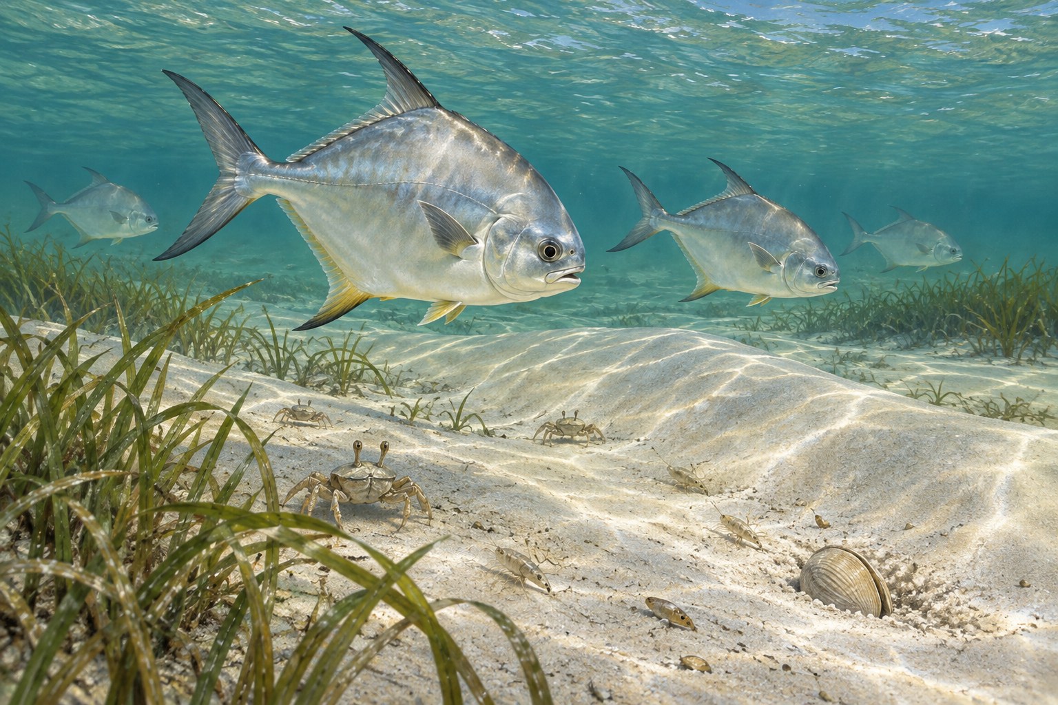 Habitat illustration showing coastal fish above a pale sand ridge
