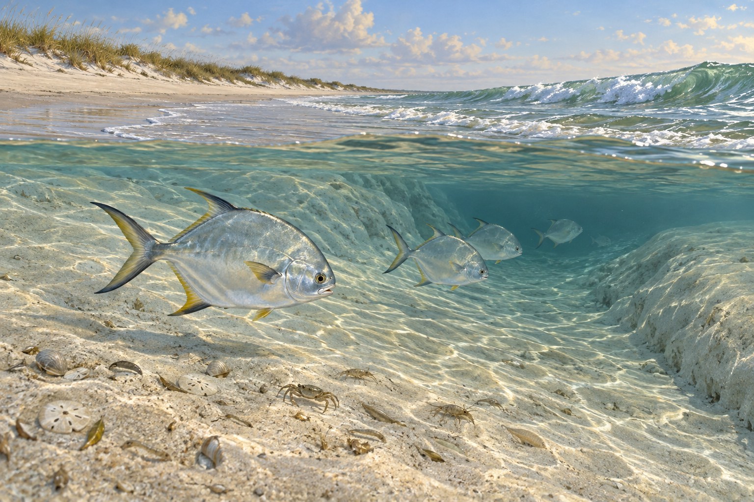 Habitat illustration showing coastal fish beside a clean beach trough