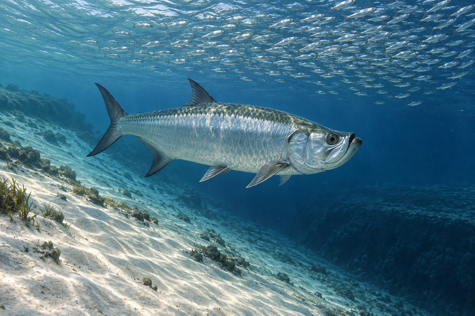 Habitat illustration of a large Atlantic tarpon below baitfish at the edge of a deep tidal pass
