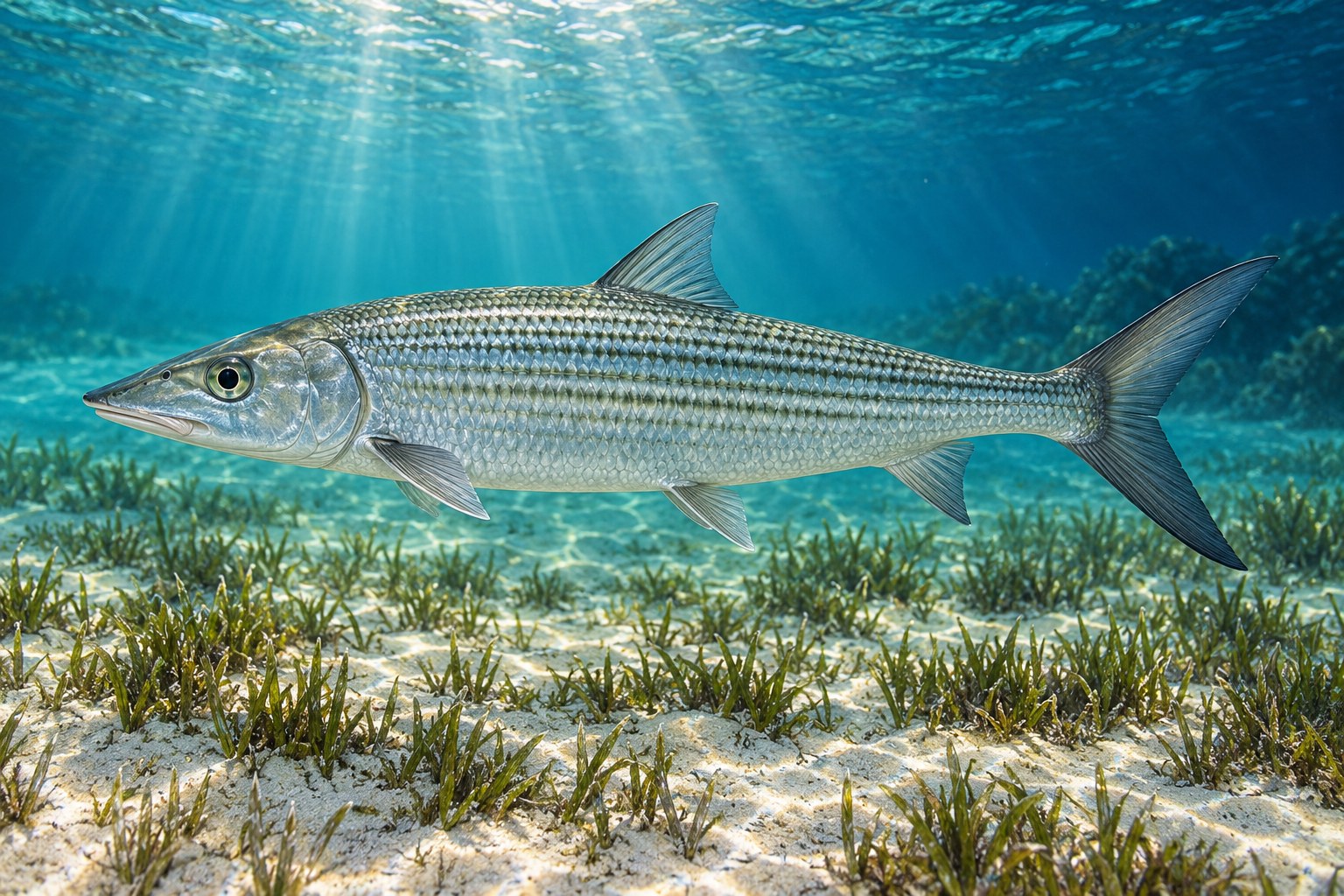 Bonefish shown in side profile underwater
