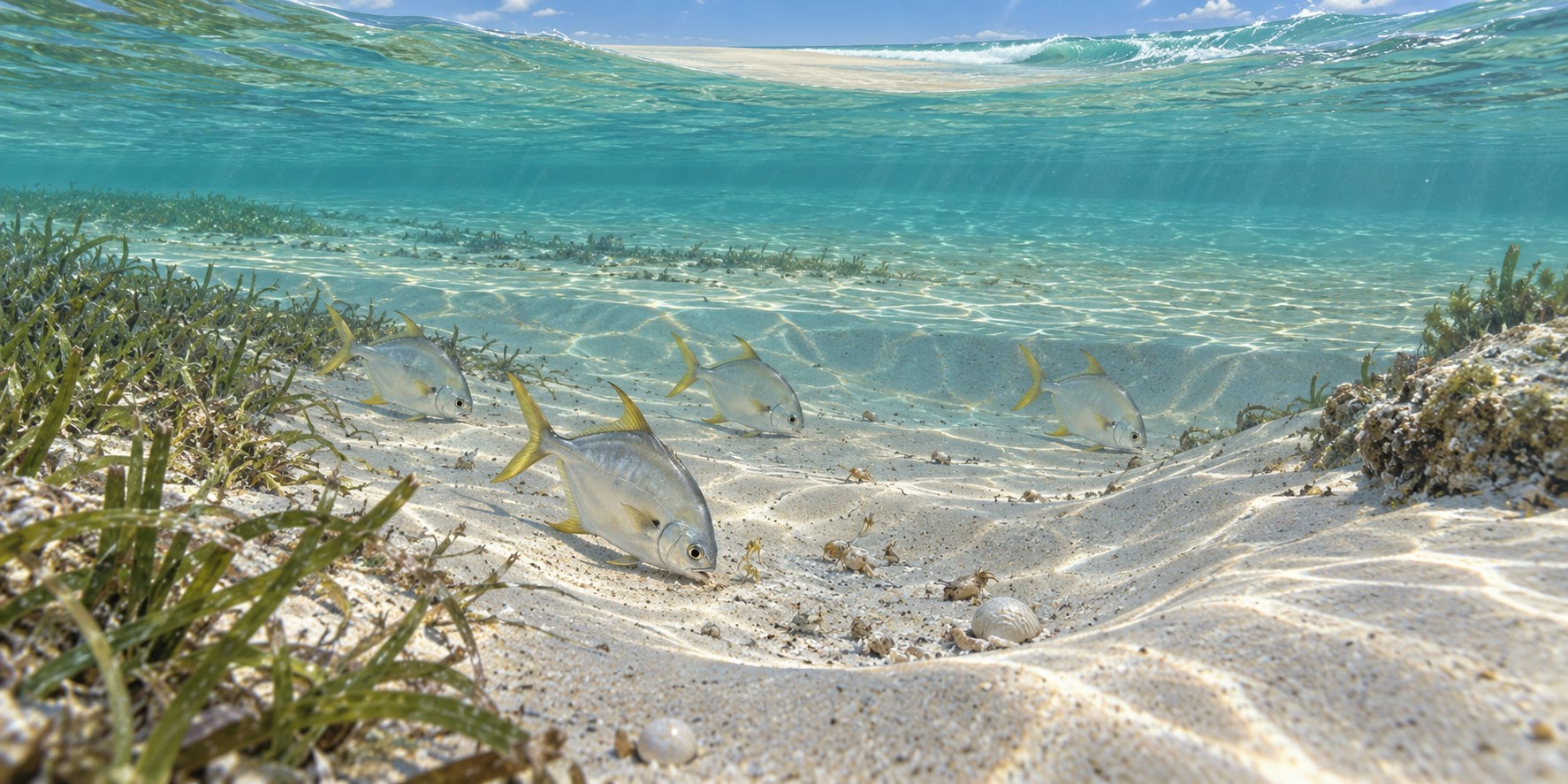 Habitat illustration of a Florida pompano feeding in a sandy beach trough beside a sandbar