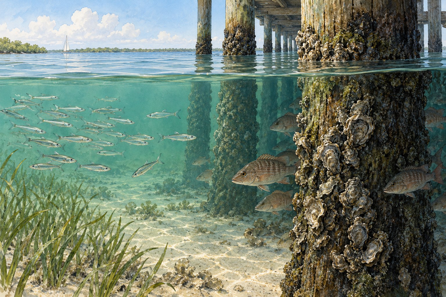Habitat illustration of mangrove snapper beside shaded, shell-covered pier pilings