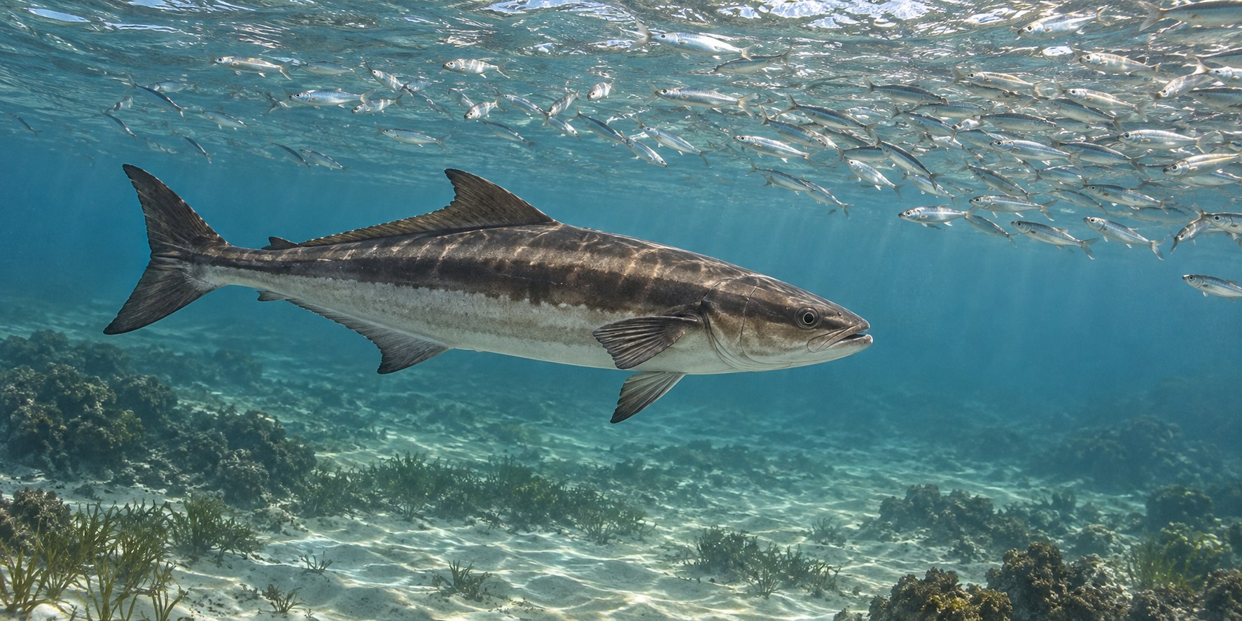 Illustration of a cobia swimming through open nearshore coastal water