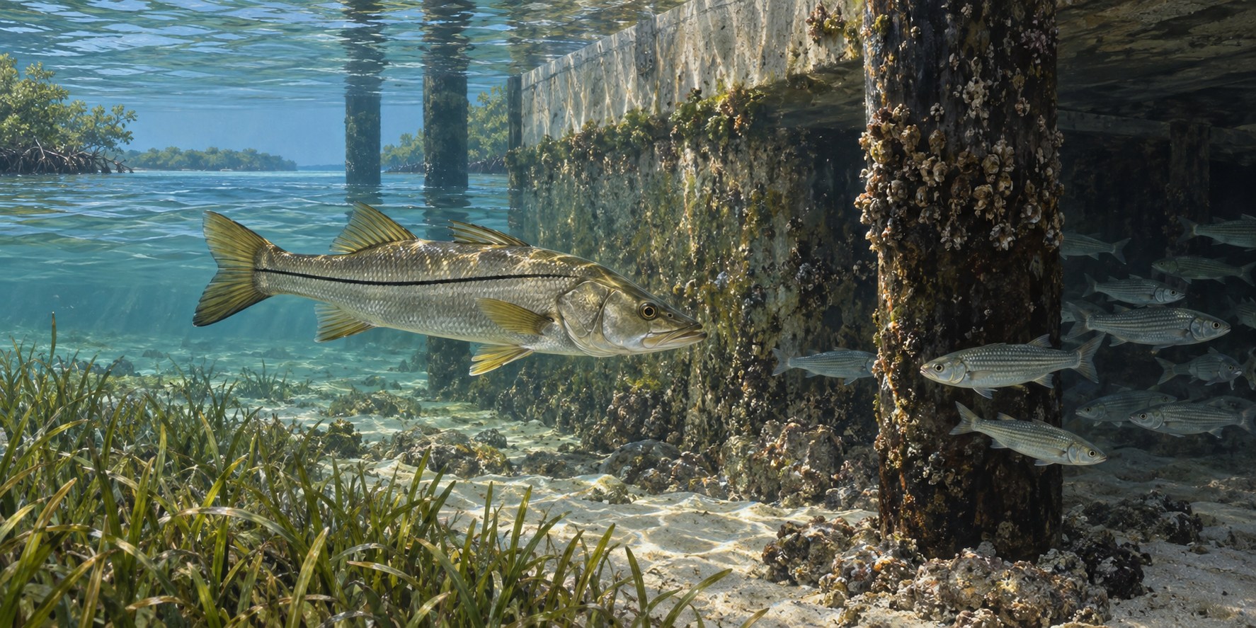 Habitat illustration of a snook and small mullet beside a shaded canal seawall and pilings