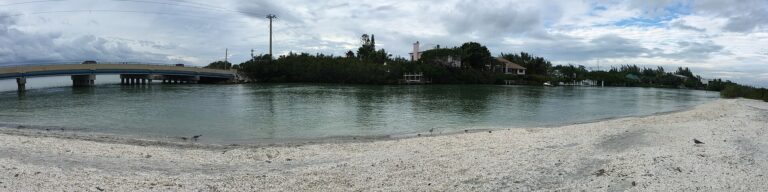Blind Pass water, shell shoreline and bridge between Captiva and Sanibel