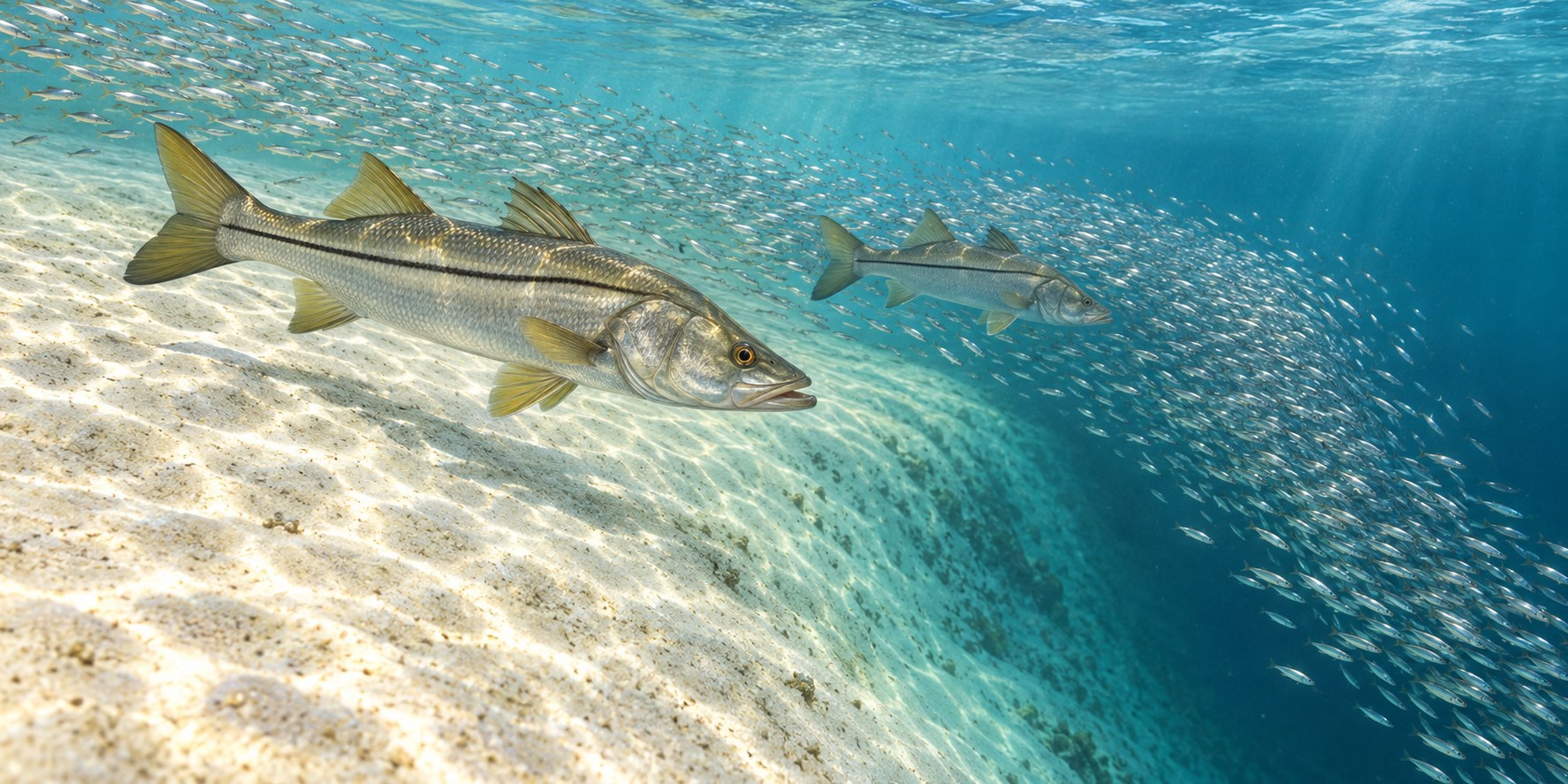 Habitat illustration of snook beside a baitfish school at the edge of a sandy tidal channel
