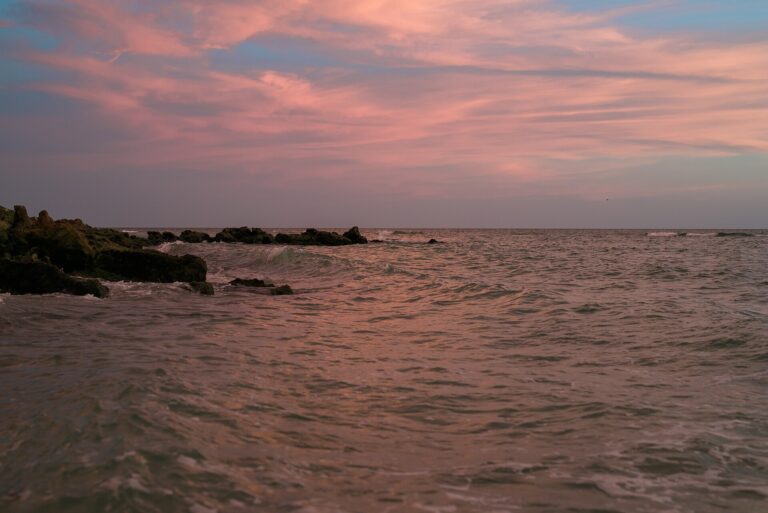 Rocky Caspersen Beach shoreline at sunset