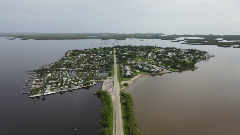 Aerial view of Chokoloskee Island, Smallwood Drive and surrounding coastal water