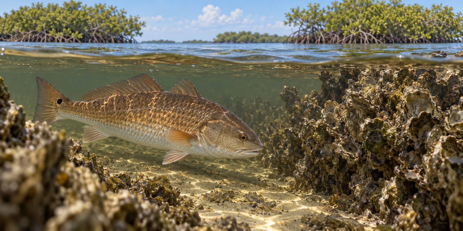 Habitat illustration of a redfish swimming through a sandy gap beside an oyster bar and mangroves