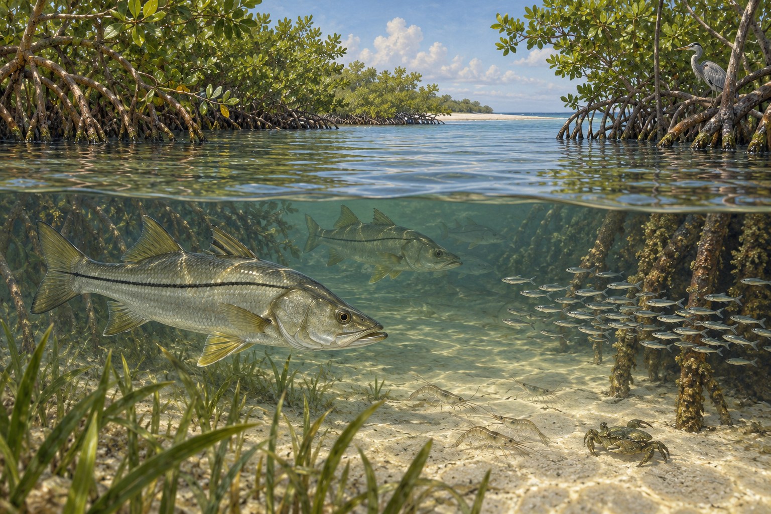 Habitat illustration showing snook just outside a mangrove-lined tidal opening