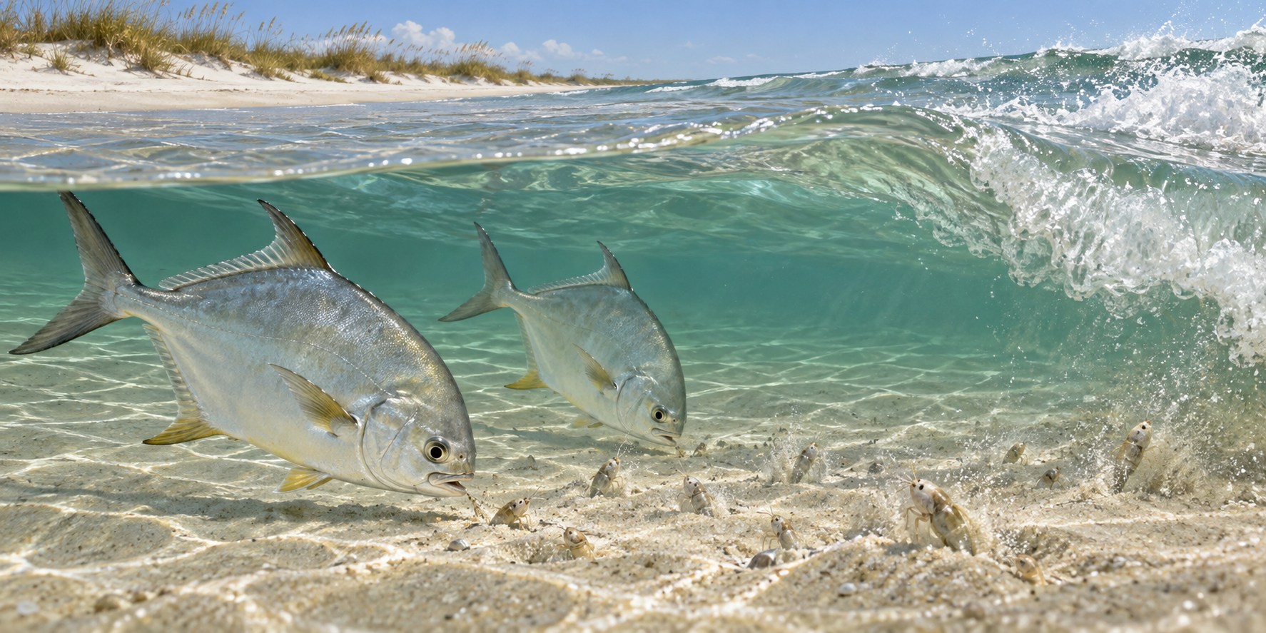 Illustration of a Florida pompano swimming over sand in the surf zone