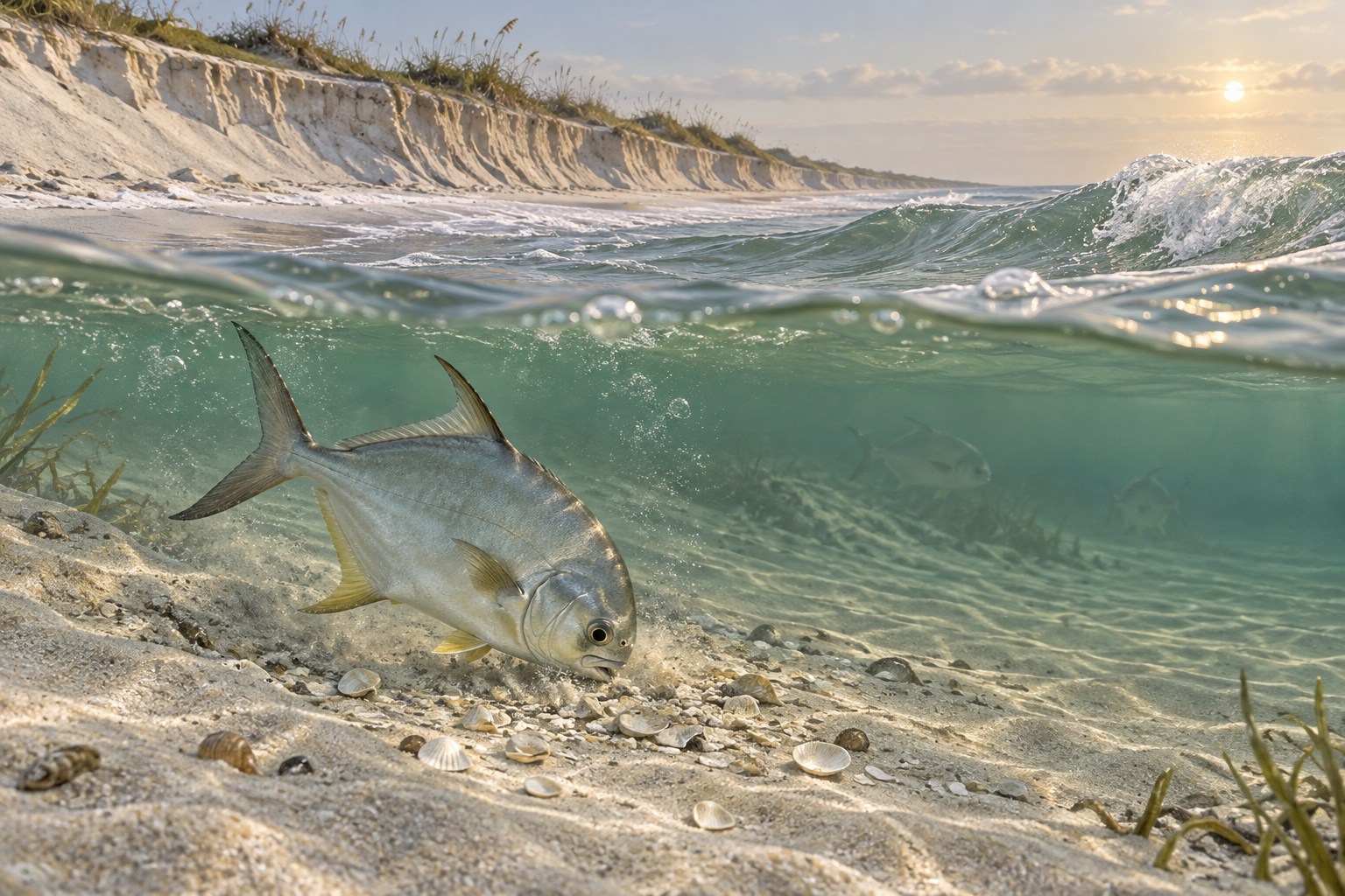 Illustration of a Florida pompano feeding above sand and broken shell in the surf