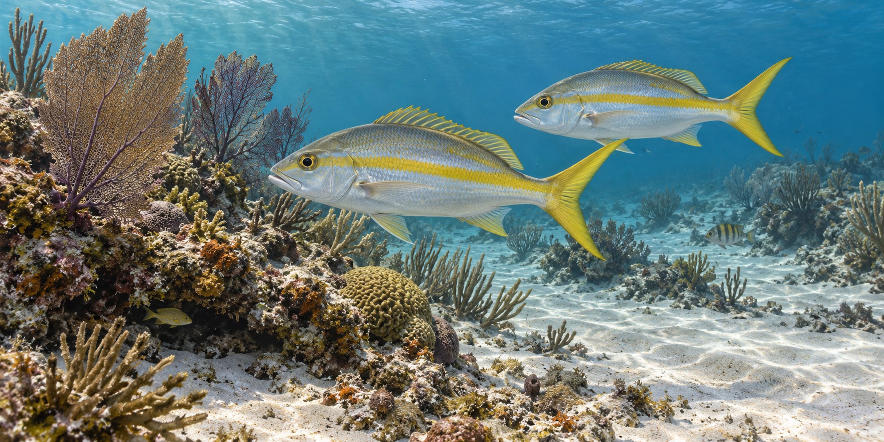 Habitat illustration of yellowtail snapper swimming above sand beside a low coral patch reef