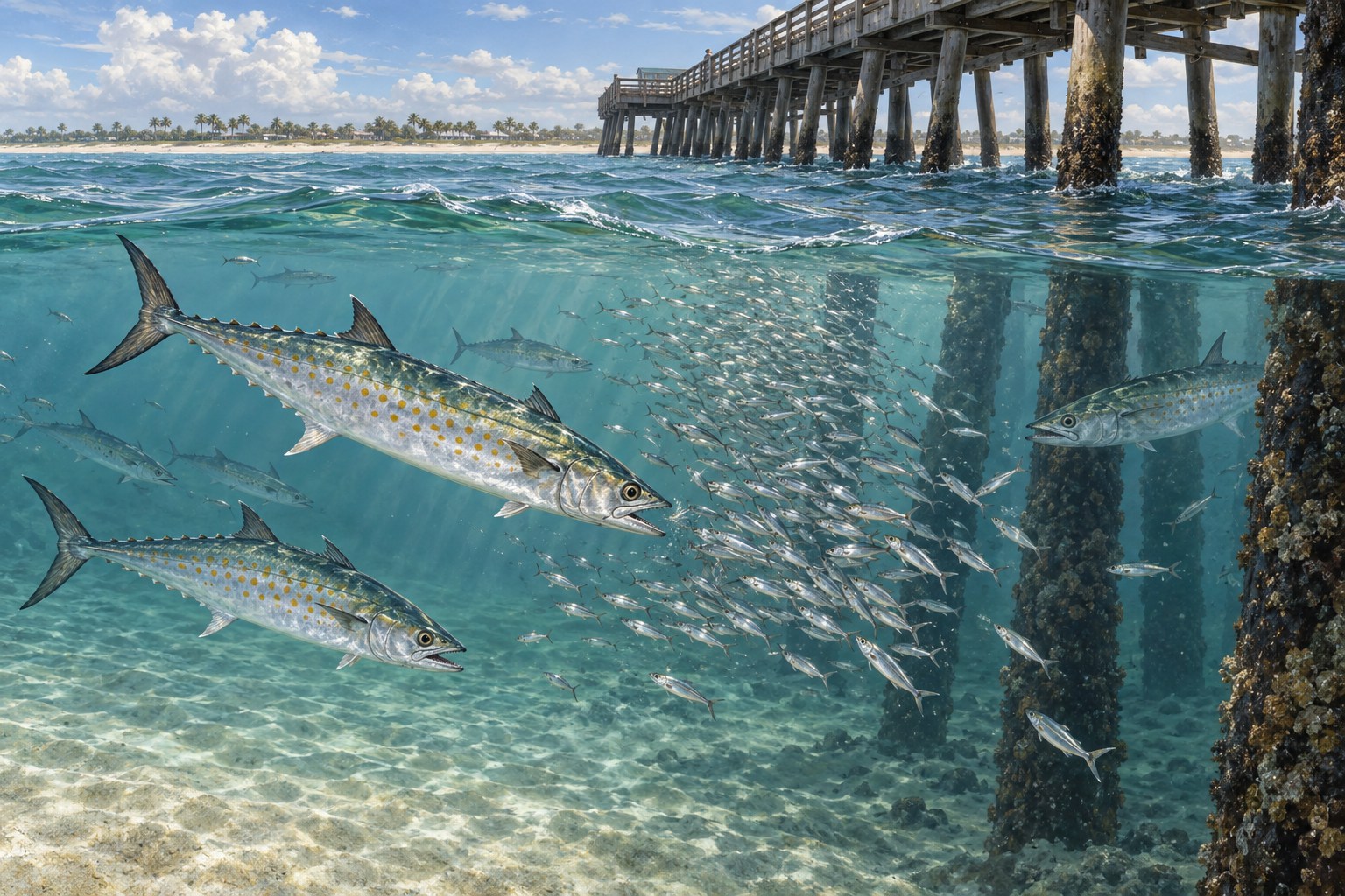 Habitat illustration showing Spanish mackerel with small golden spots feeding near an ocean fishing pier