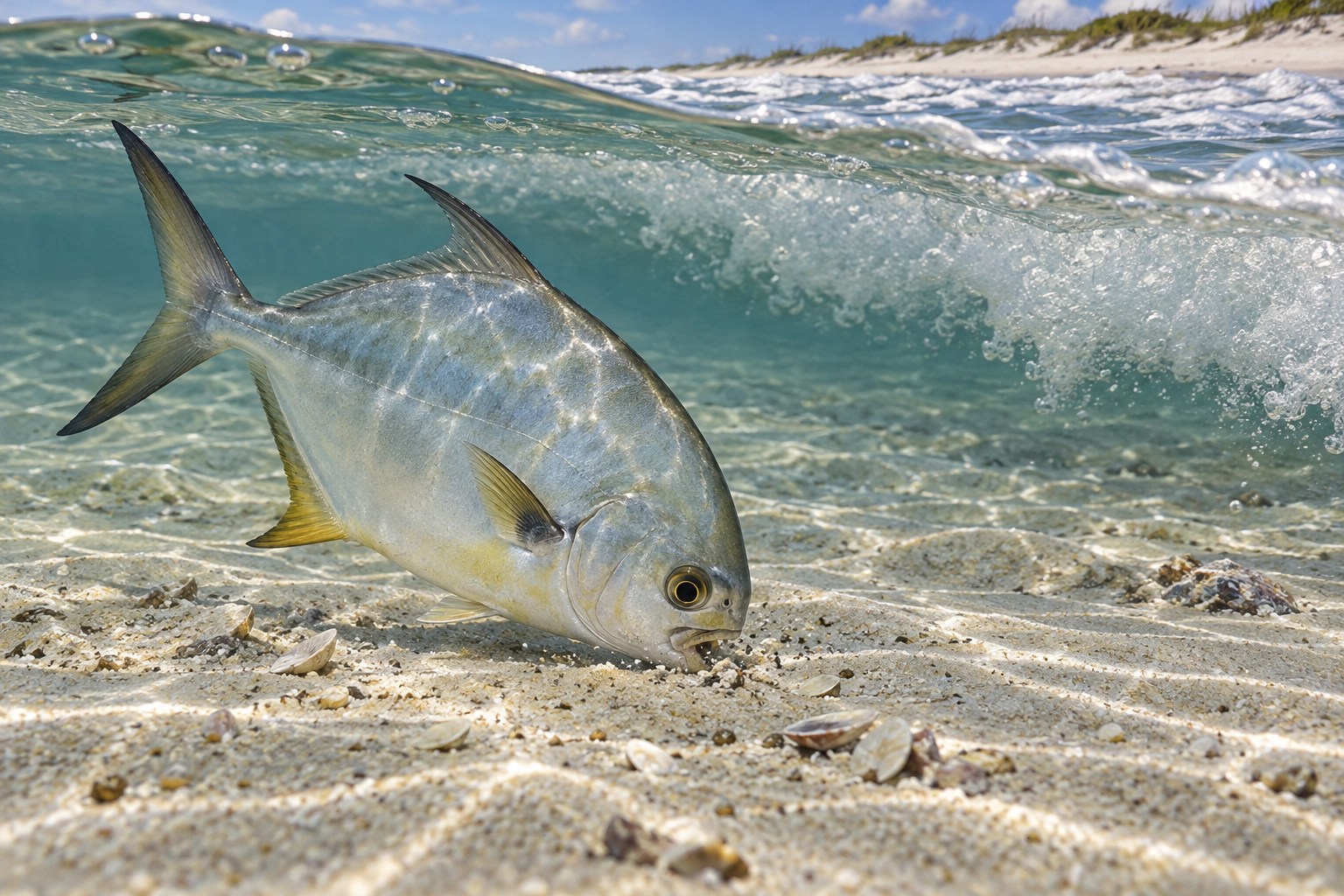 Illustration of a Florida pompano feeding above a sandy surf bottom