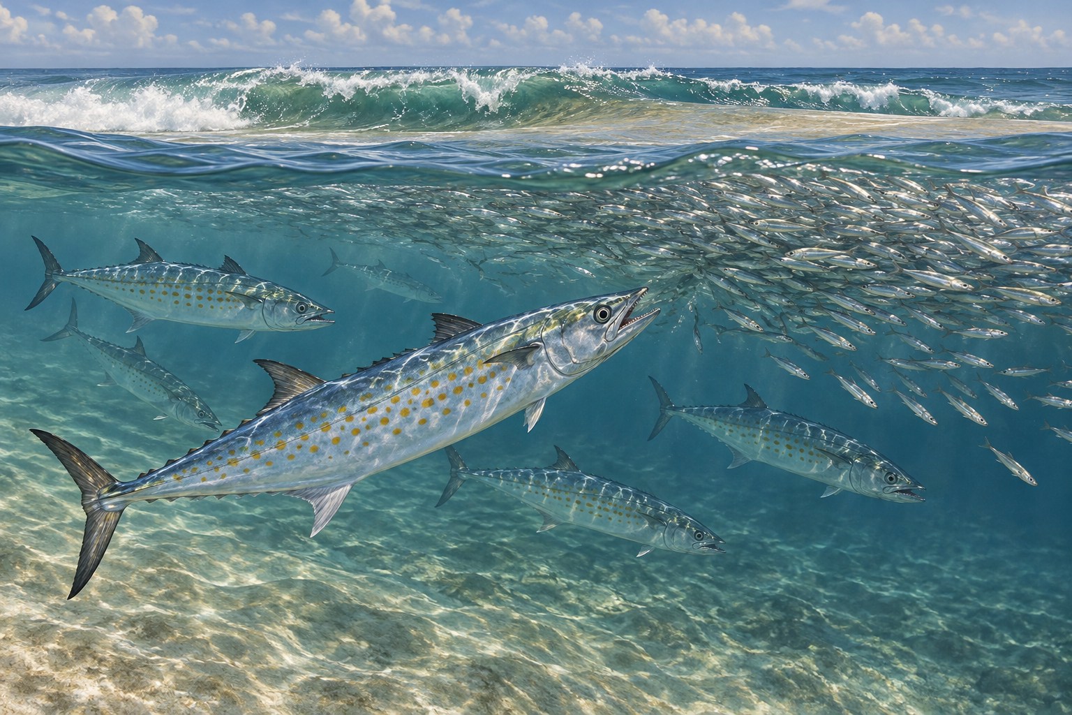 Illustration of a Spanish mackerel pursuing a school of small baitfish