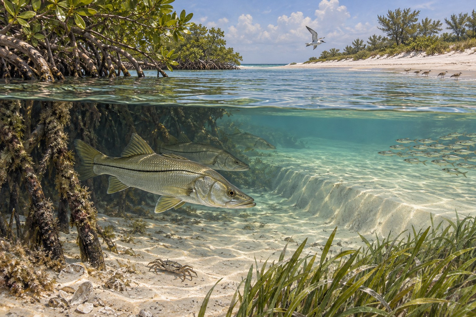 Habitat illustration showing snook holding beside a sandy pass shoulder