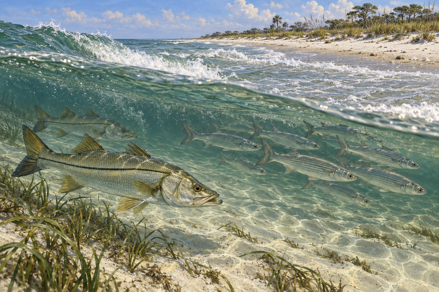 Habitat illustration showing snook following mullet along an island surf margin