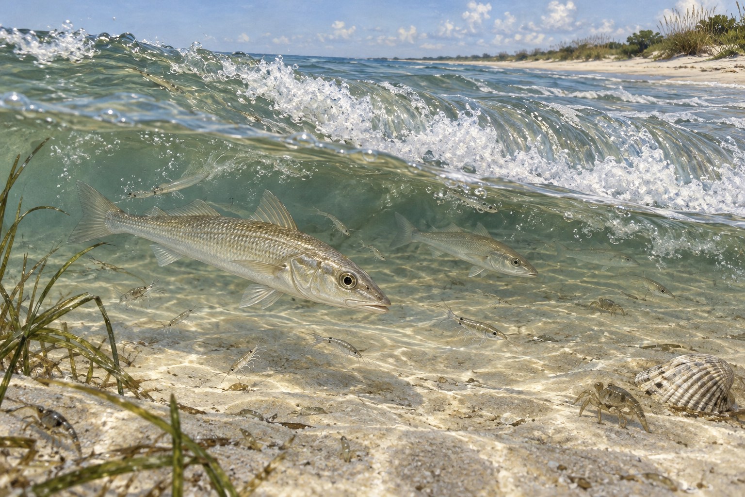 Habitat illustration showing whiting beneath a low breaking wave