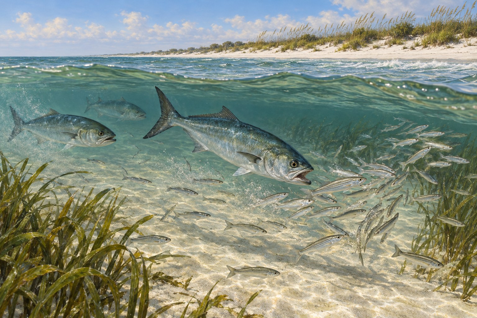 Habitat illustration showing bluefish intercepting scattered finger mullet