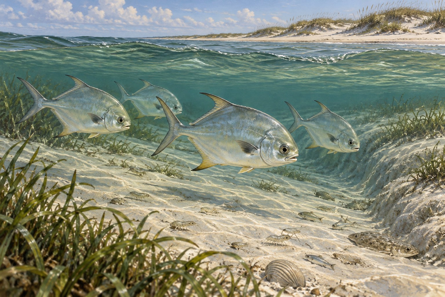 Habitat illustration showing a small group of coastal fish crossing an inner trough