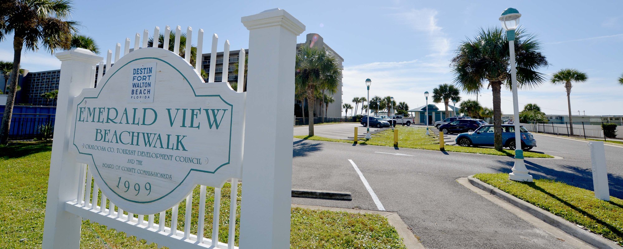 Emerald View Beachwalk sign and parking entrance