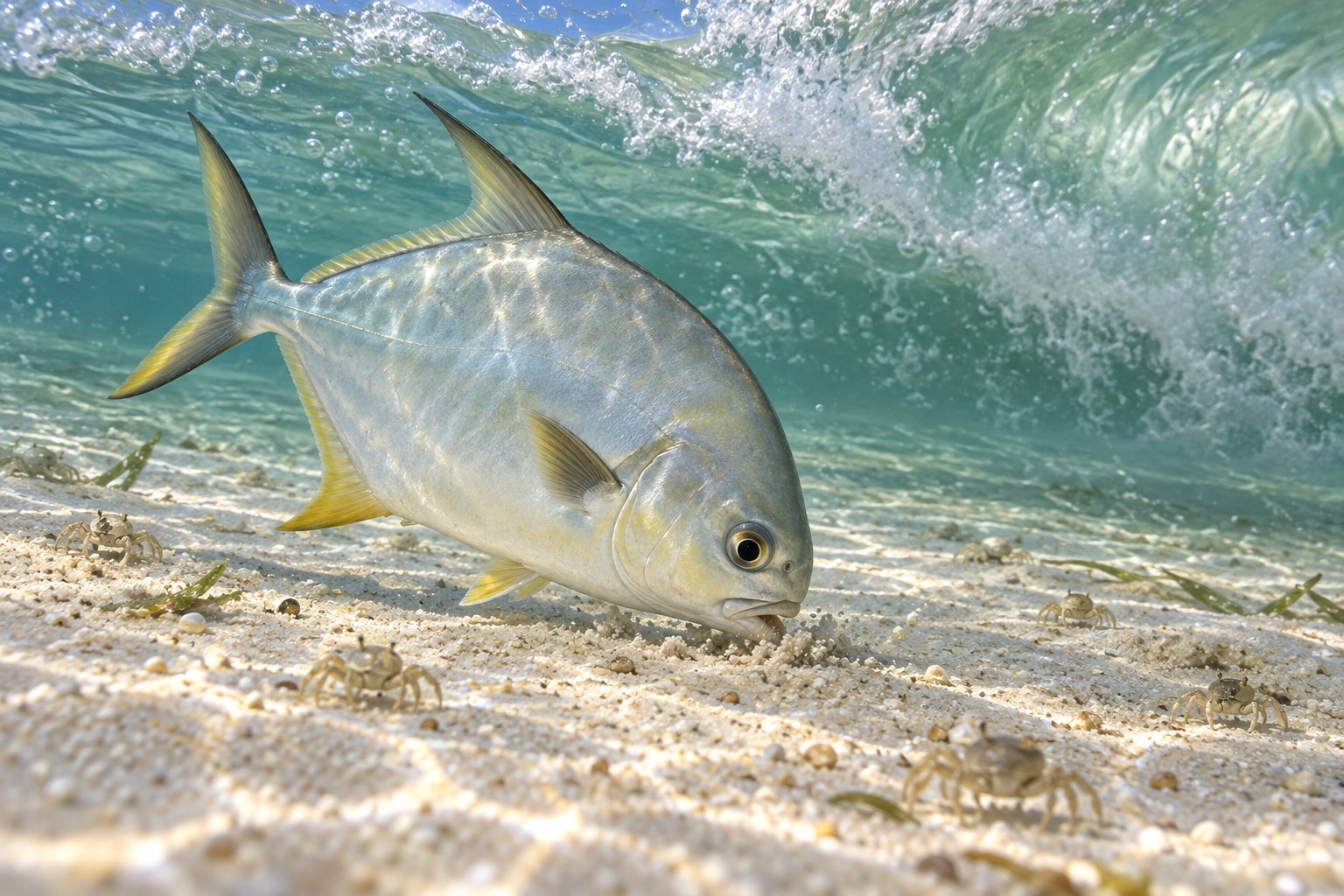 Habitat illustration of a Florida pompano feeding over sand beneath a gentle surf wave