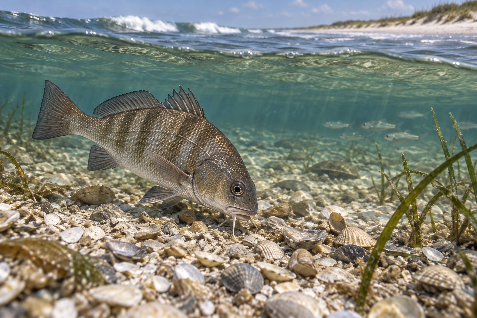 Illustration of a black drum searching a sandy shell bed