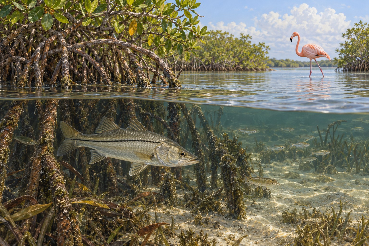 Habitat illustration showing snook with a black lateral line beside mangrove roots