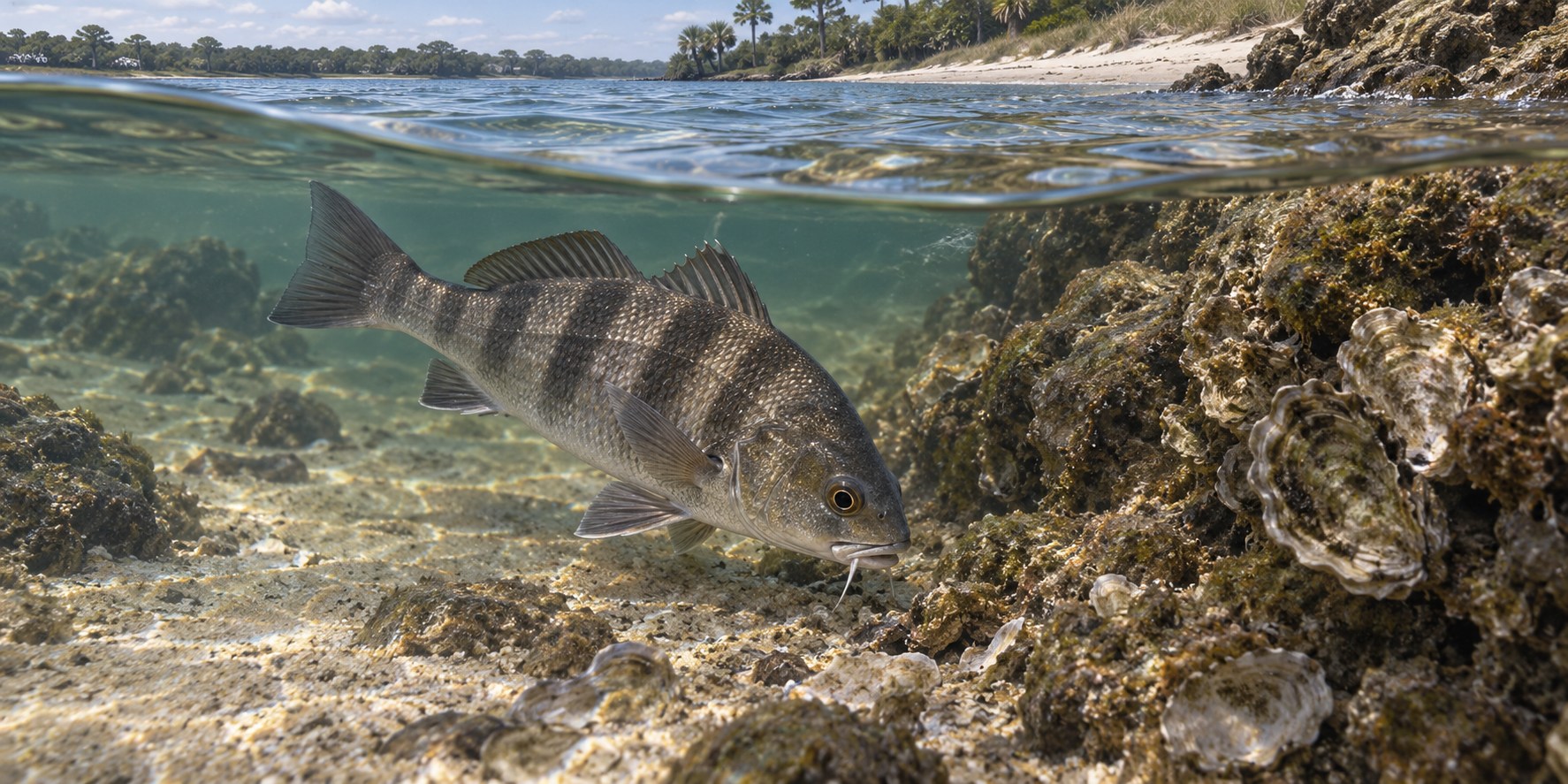 Illustration of a black drum feeding beside a rocky river margin