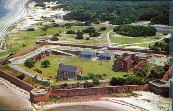 Historic aerial view of Fort Clinch and its waterfront around 1960