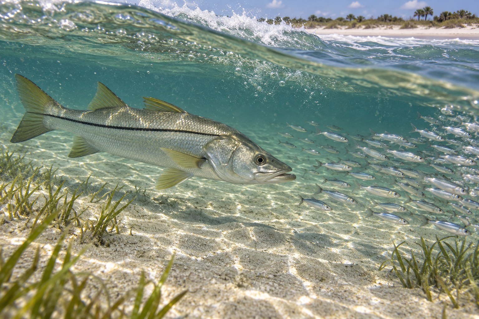 Habitat illustration of a snook following small baitfish through a sandy surf trough