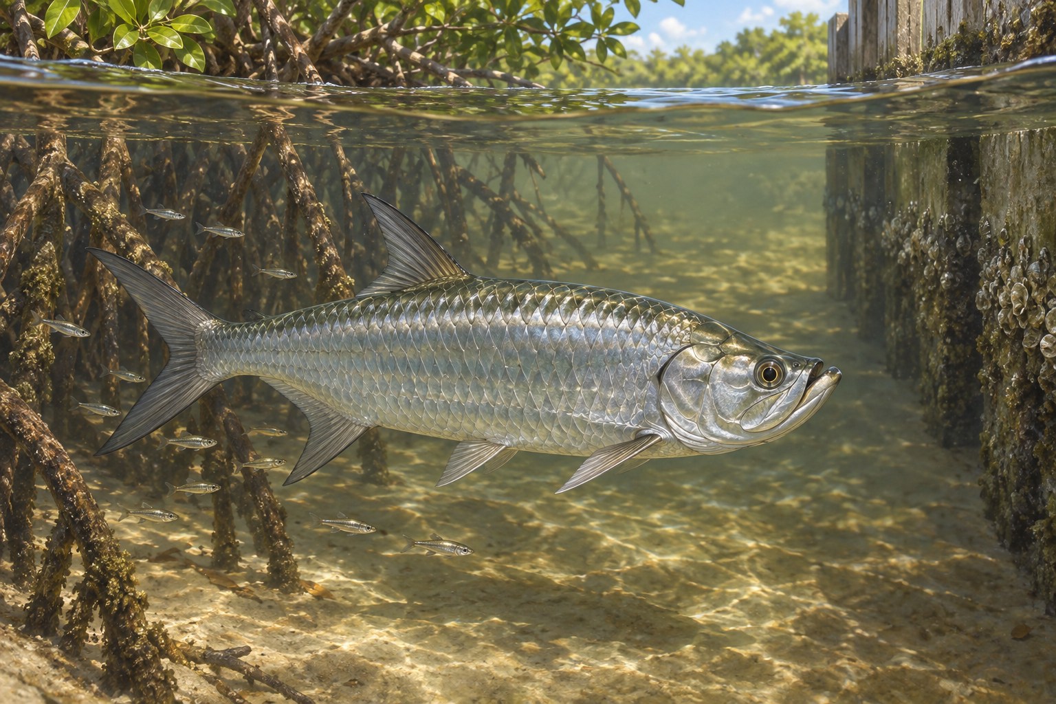 Habitat illustration of a young tarpon beside roots and a shaded seawall in brackish river water
