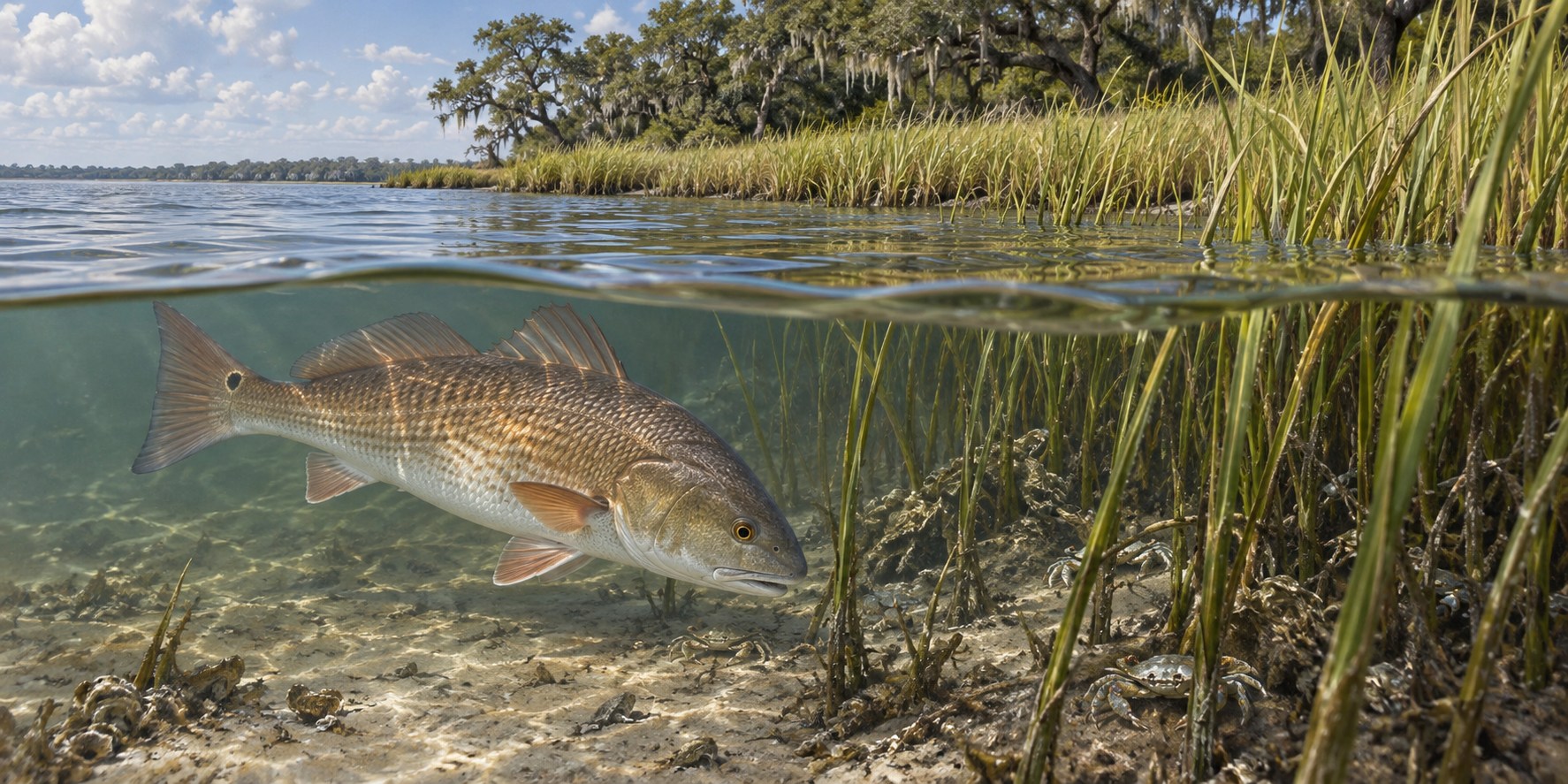 Illustration of a redfish moving beside an Intracoastal grass edge