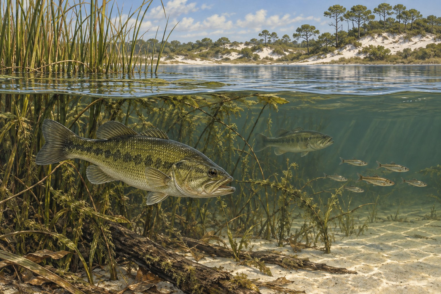 Habitat illustration showing largemouth bass near submerged vegetation in a coastal dune lake