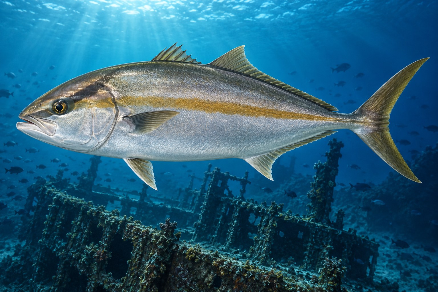 Greater Amberjack shown in side profile underwater
