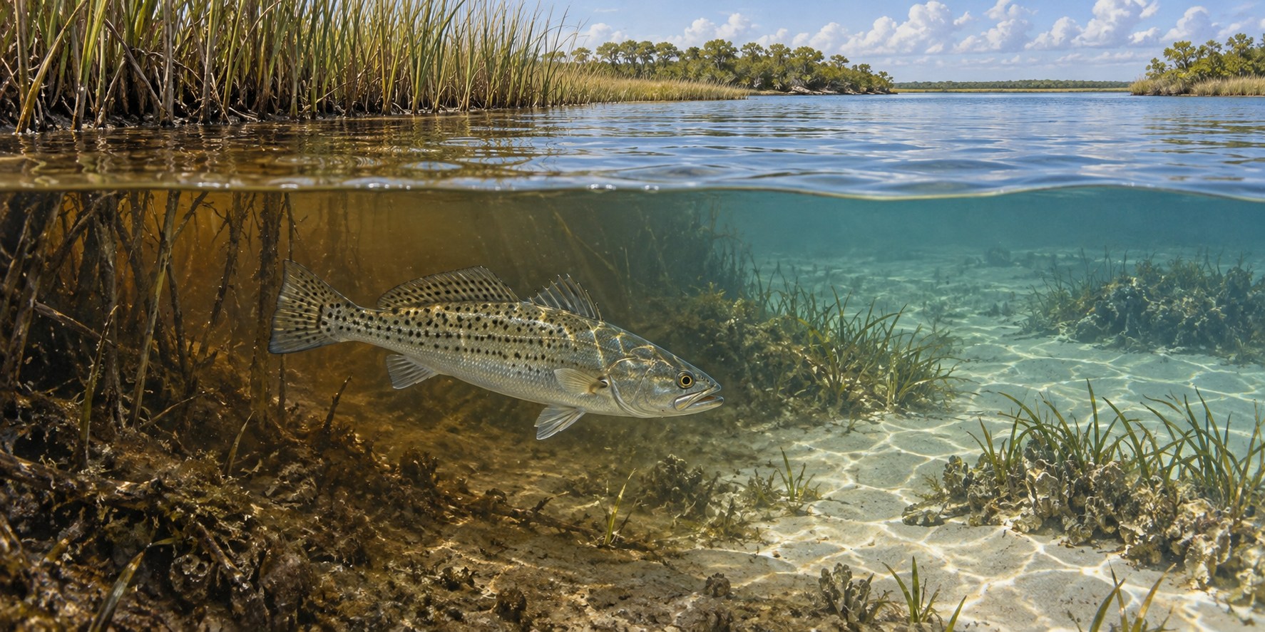 Illustration of a spotted seatrout beside vegetation at a brackish-water edge
