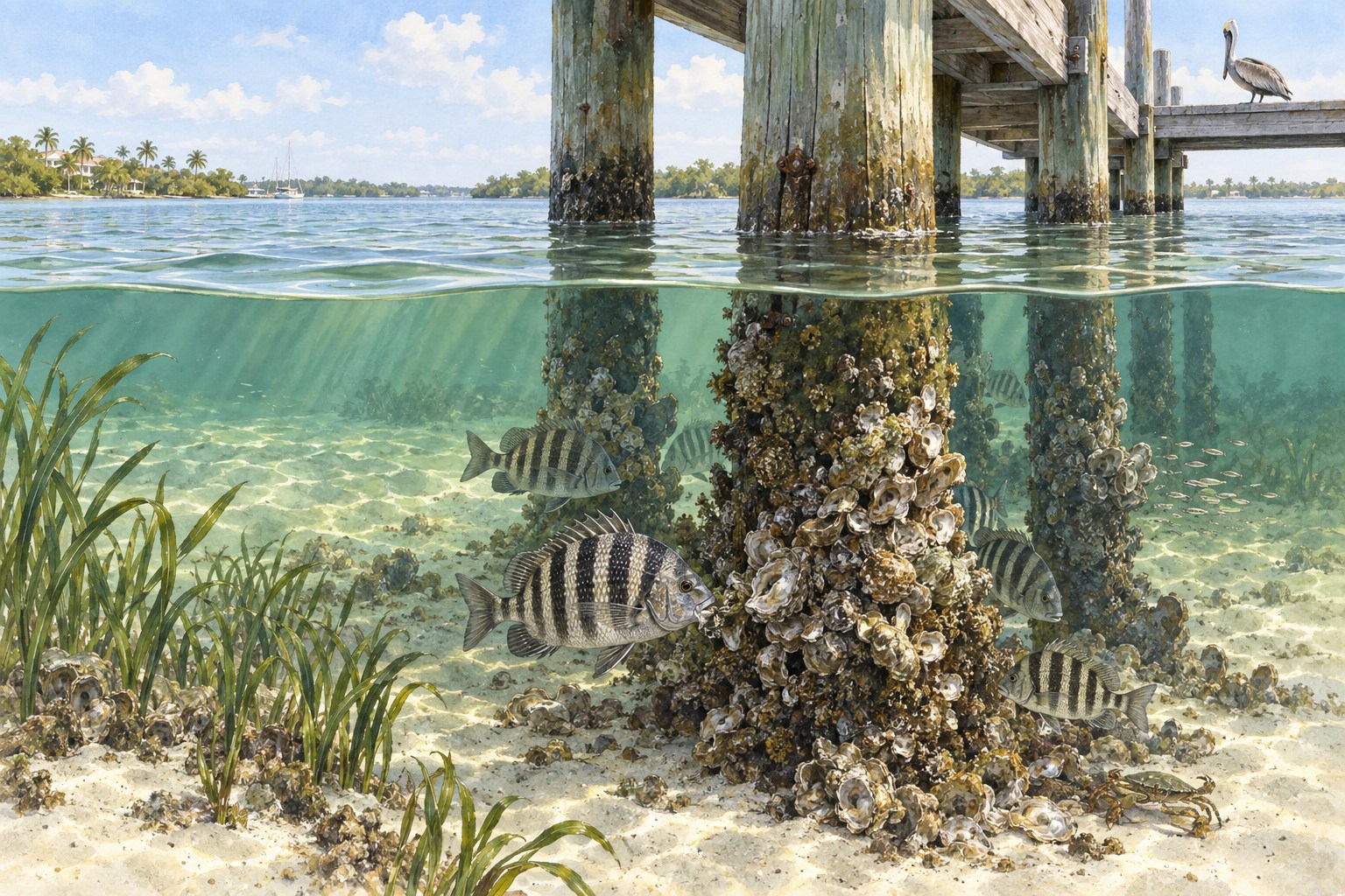 Habitat illustration of sheepshead feeding near shell-covered fishing pier pilings in green bay water