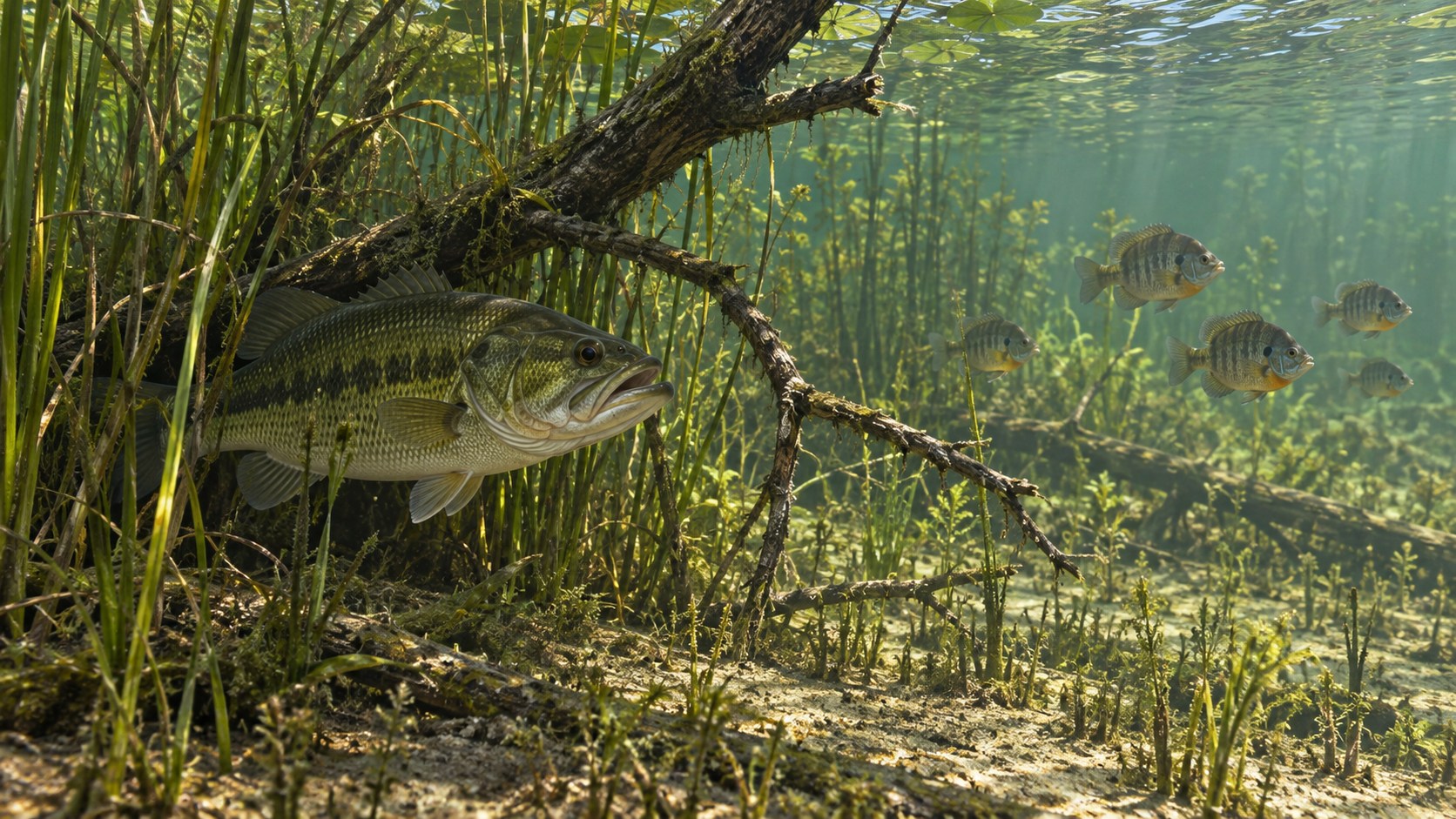 Illustration of a largemouth bass holding beside reeds in freshwater lake habitat