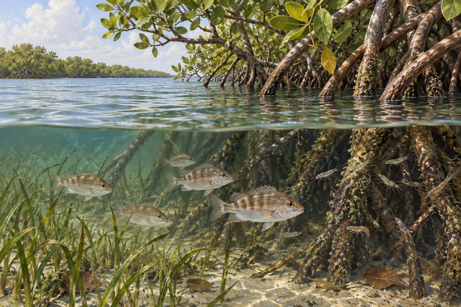 Habitat illustration showing juvenile snapper beside a sheltered mangrove fringe