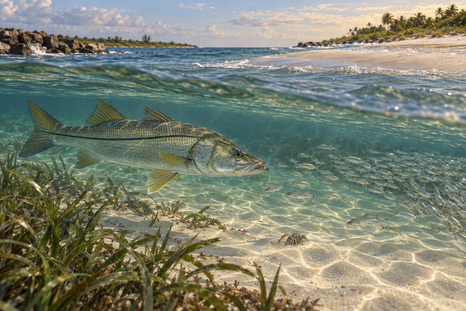 Habitat illustration showing a snook just outside a broad sheltered inlet sandbar