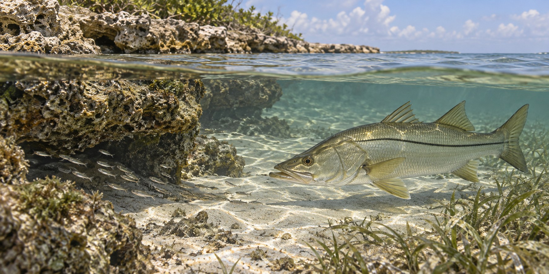 Illustration of a snook beside a submerged coastal ledge