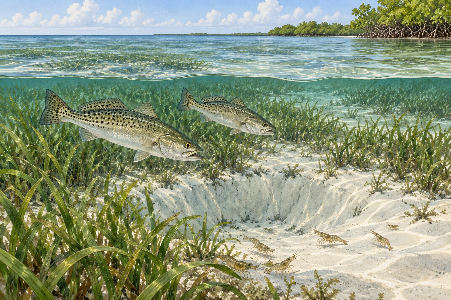 Habitat illustration of spotted seatrout above a sand pocket within a shallow seagrass bed