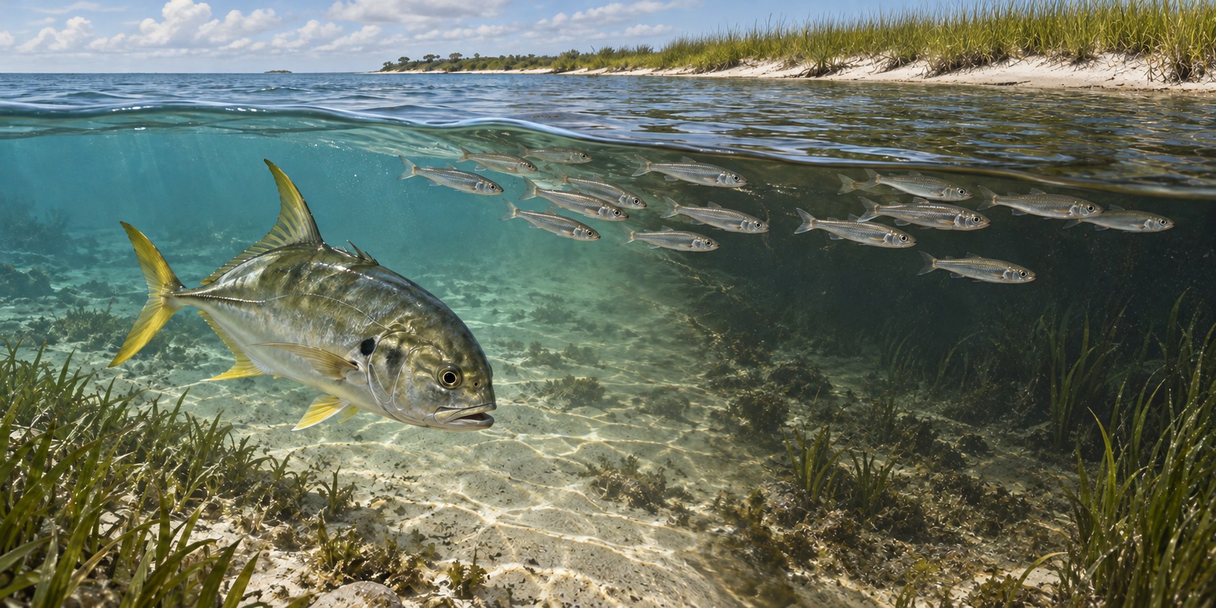 Illustration of a jack crevalle approaching baitfish beside a sandy inlet and marsh edge