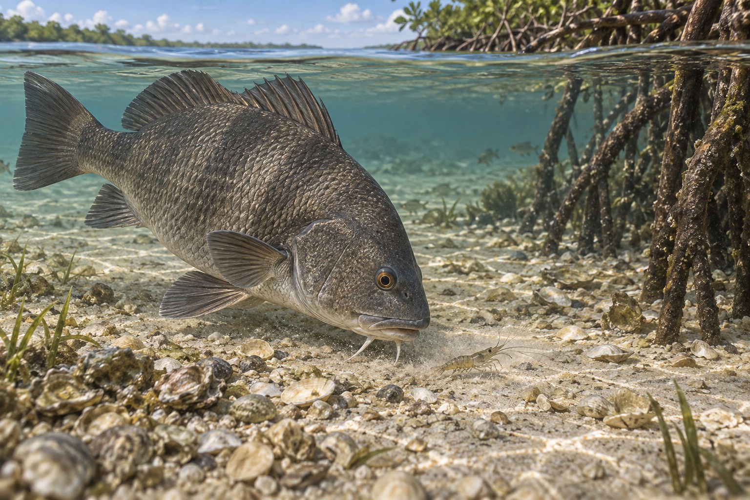 Illustration of a black drum searching the bottom beside a mangrove edge