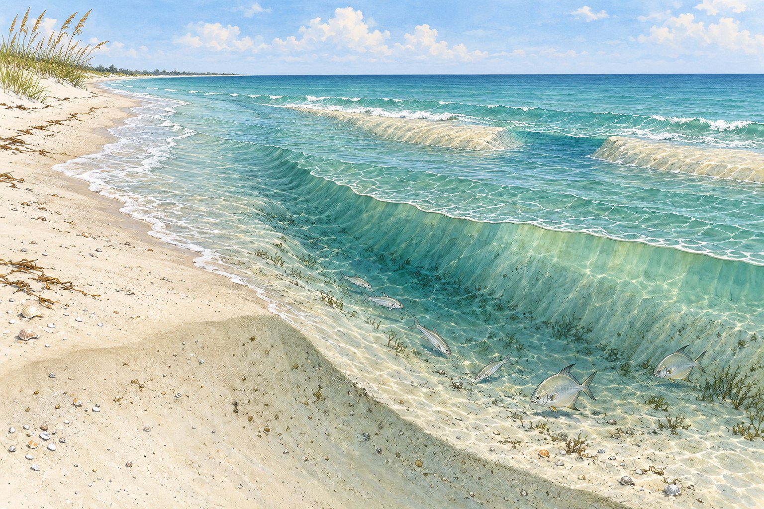 Habitat illustration of a nearshore trough, sandbar and gap along a sandy Gulf beach