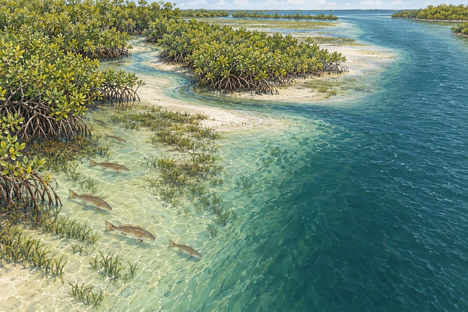 Habitat illustration of a mangrove drainage opening beside a deeper Intracoastal channel