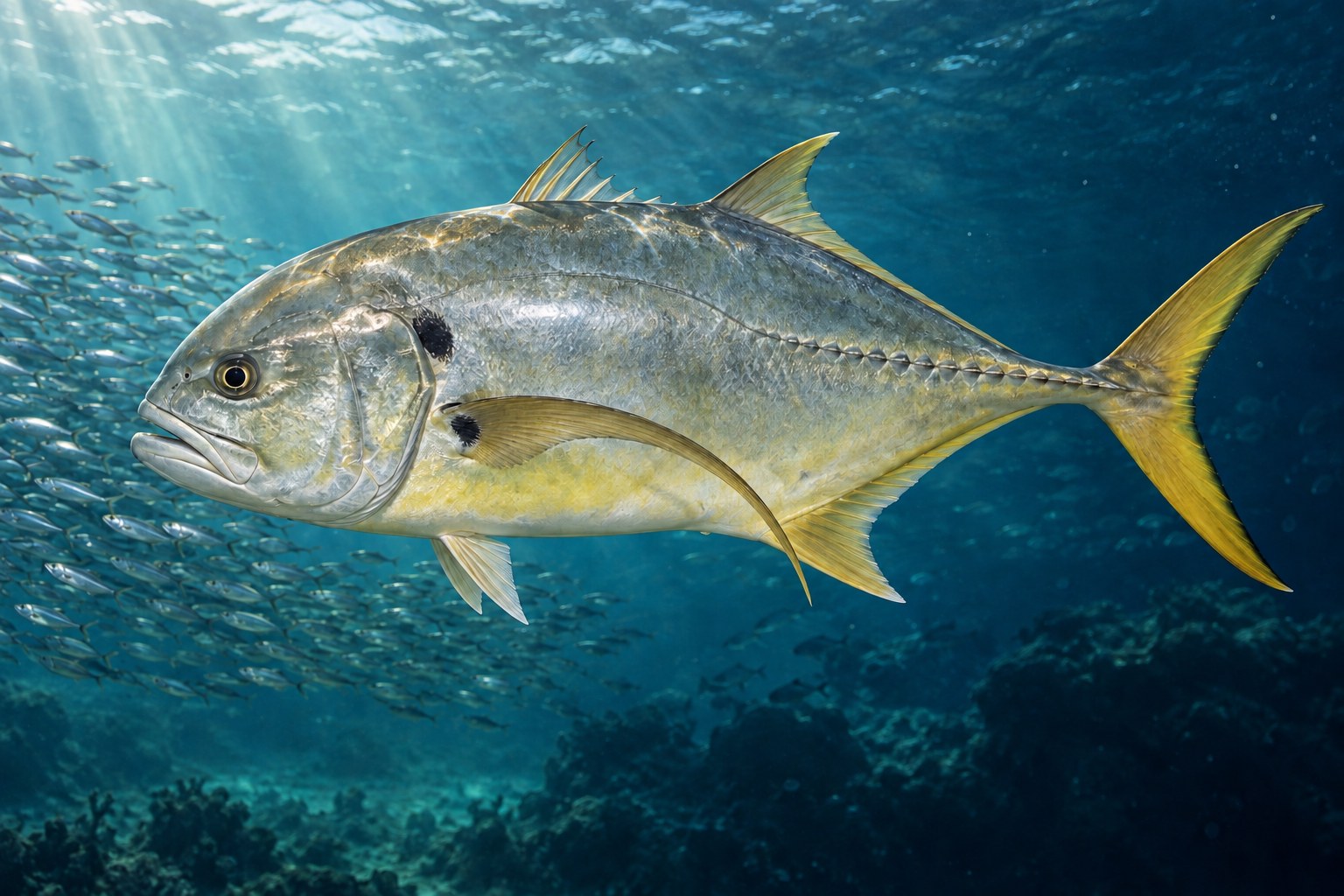 Jack Crevalle shown in side profile underwater